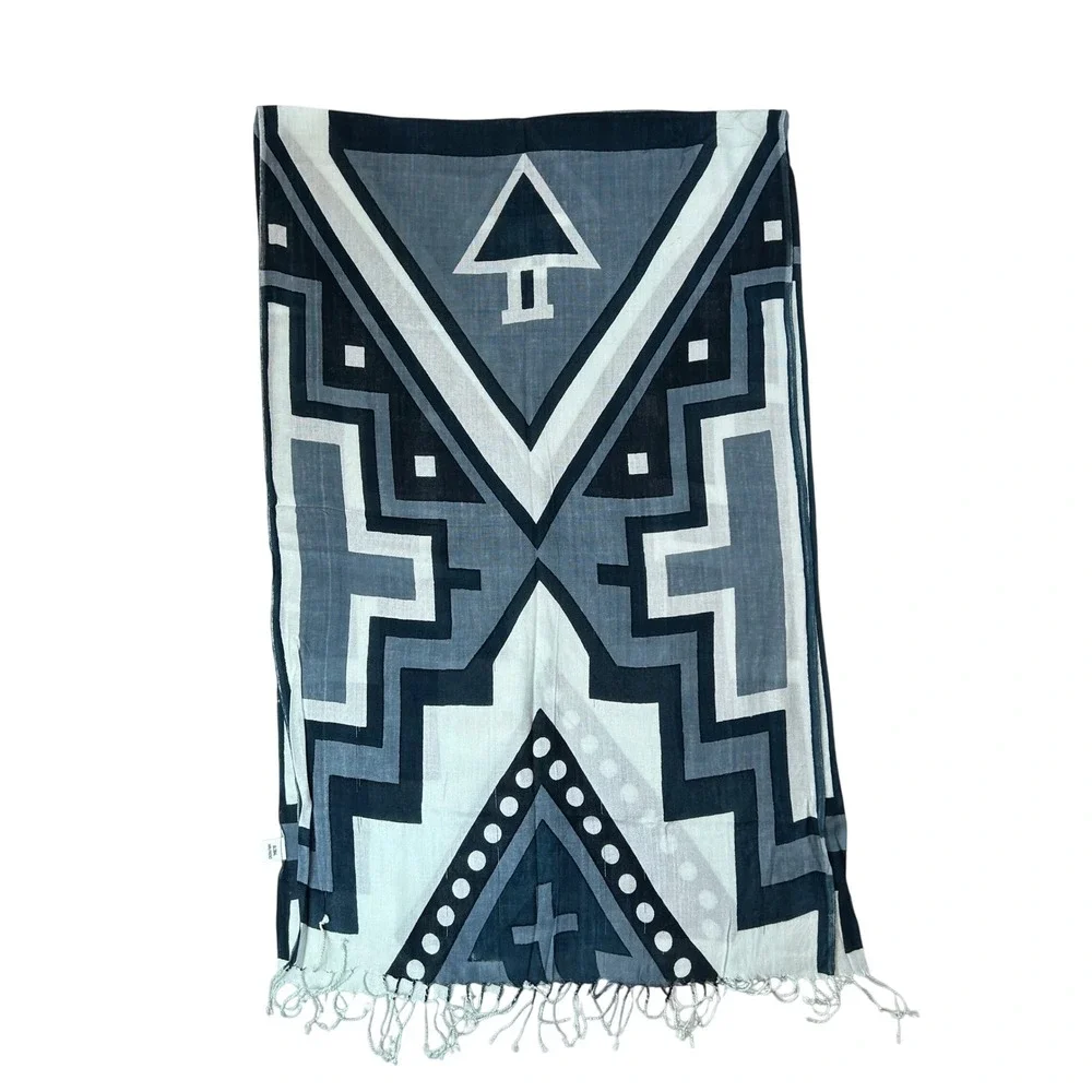 Global Girlfriend Blue Grey Geometric Print Viscose Scarf Fair Trade Fringe Wrap